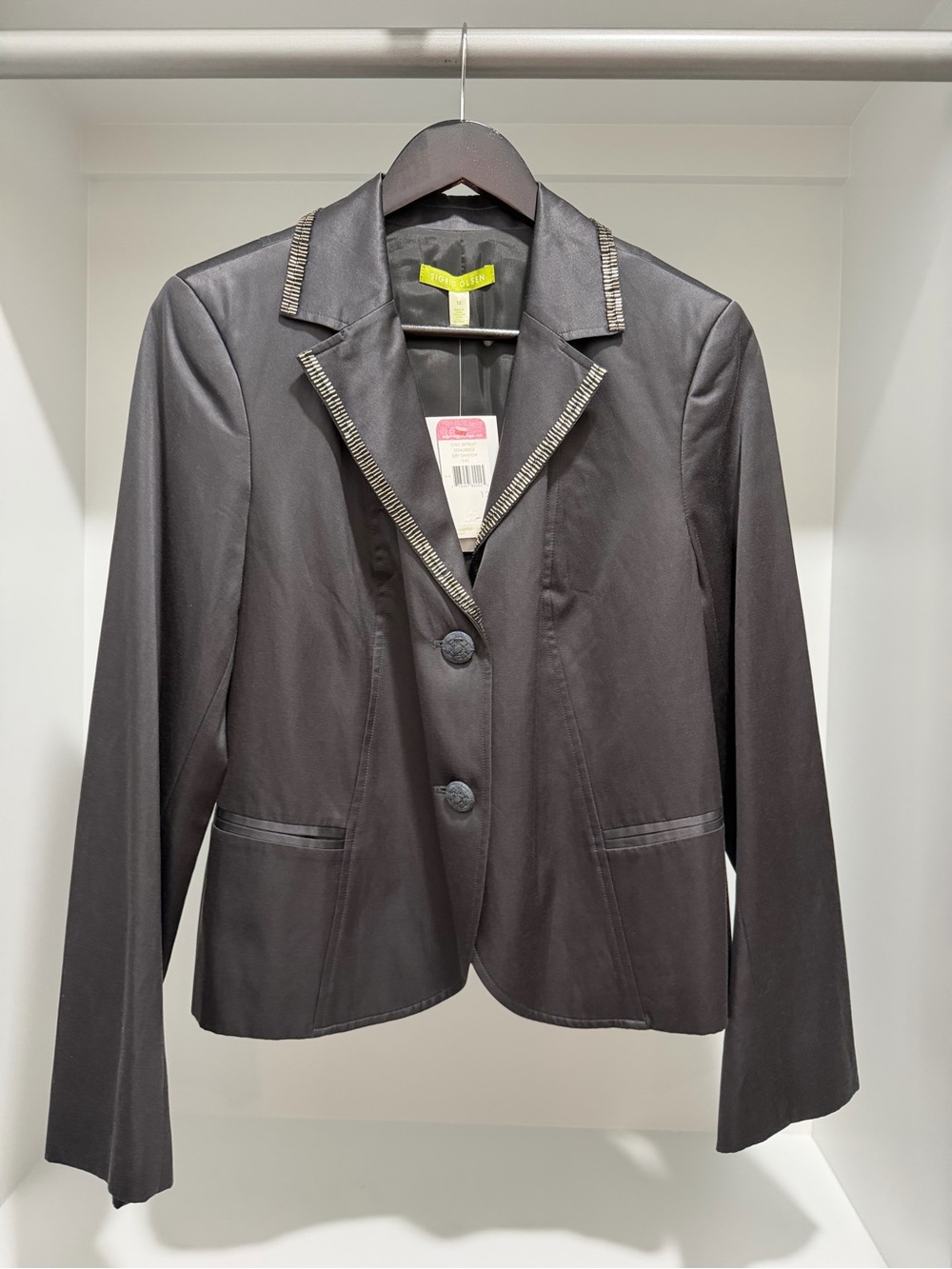 NEW Sigrid Olsen chic retreat silk blend charcoal blazer with beaded lapel 12